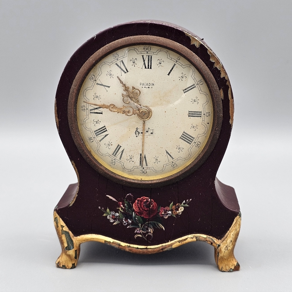 German Paladin 4 Rubis Wood‎ 1950's Music Box Claw Feet Handpainted Clock Flaws